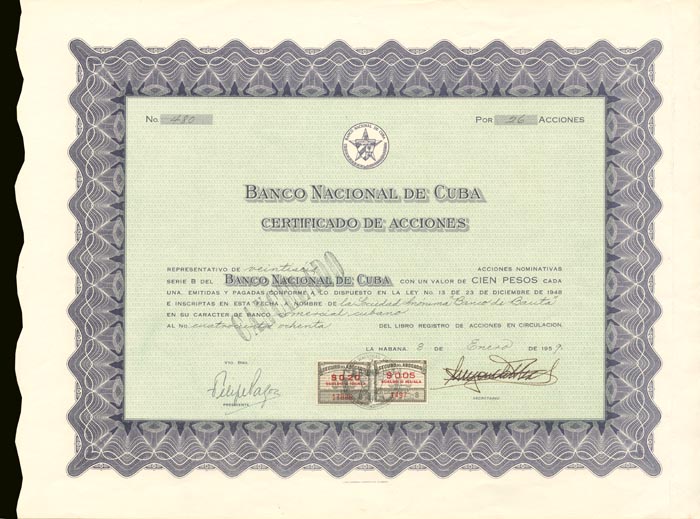 Banco Nacional De Cuba - Cuba Stock Certificate